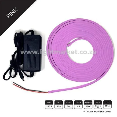 12v 6mm Neon LED Strip Light Pink 5m With AC Adaptor