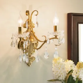 2-Bulb Traditional Gold Wall Light with Crystal Raindrop Draping