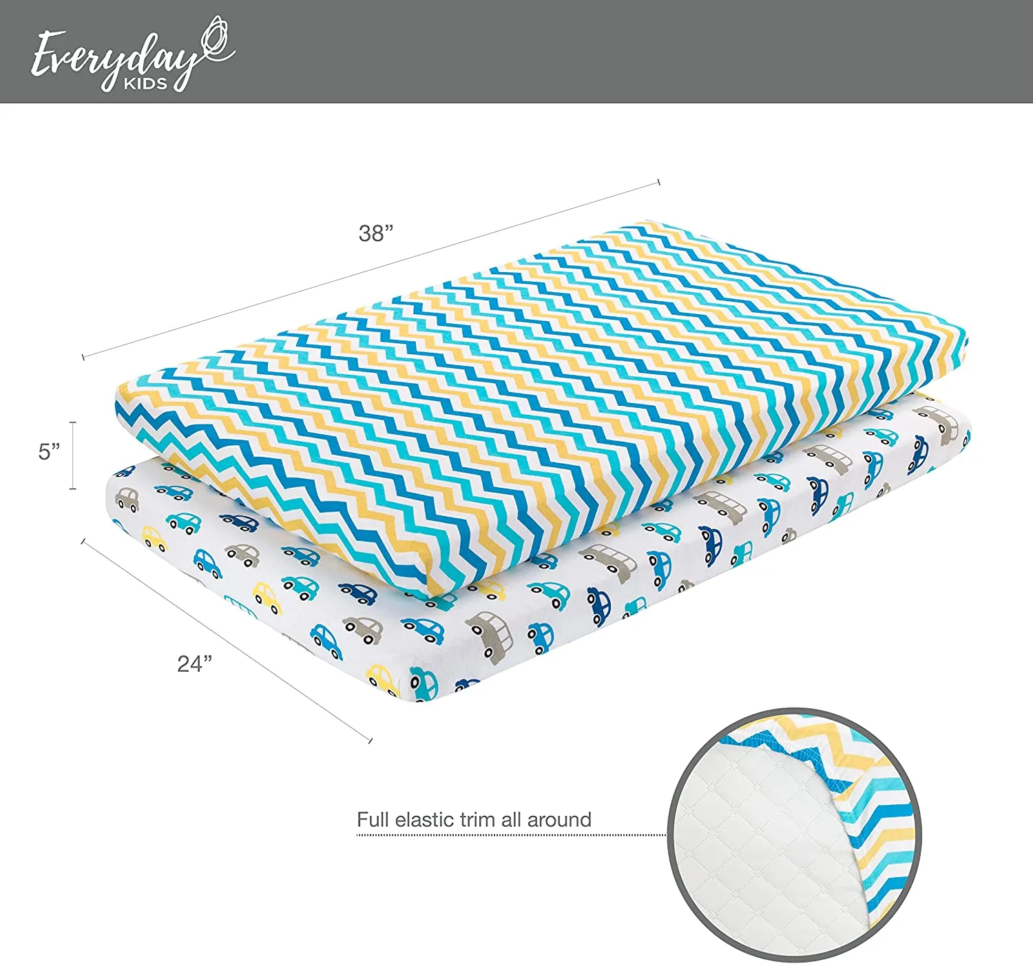 2 Pack Portable Crib Sheet - Cars/Chevron