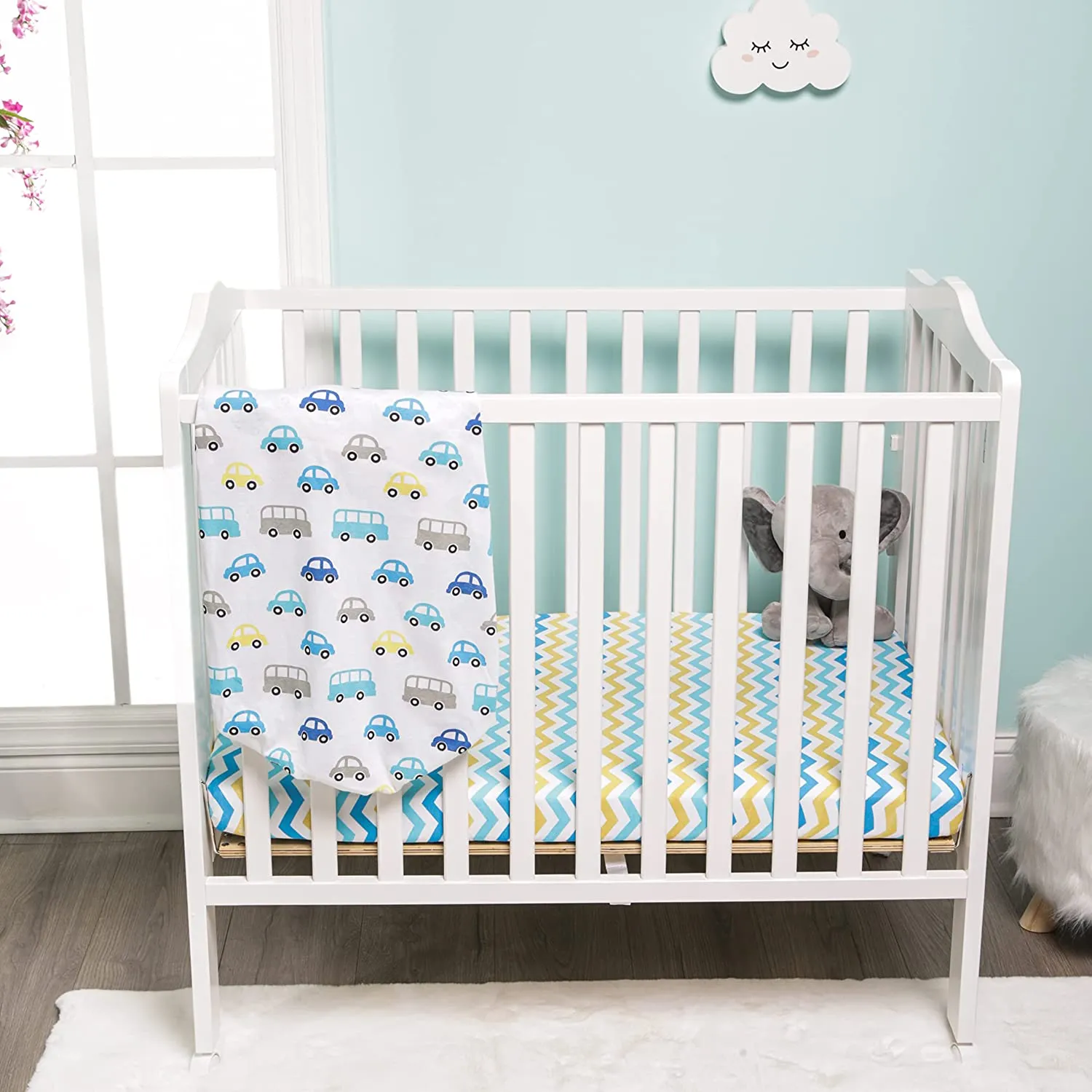 2 Pack Portable Crib Sheet - Cars/Chevron