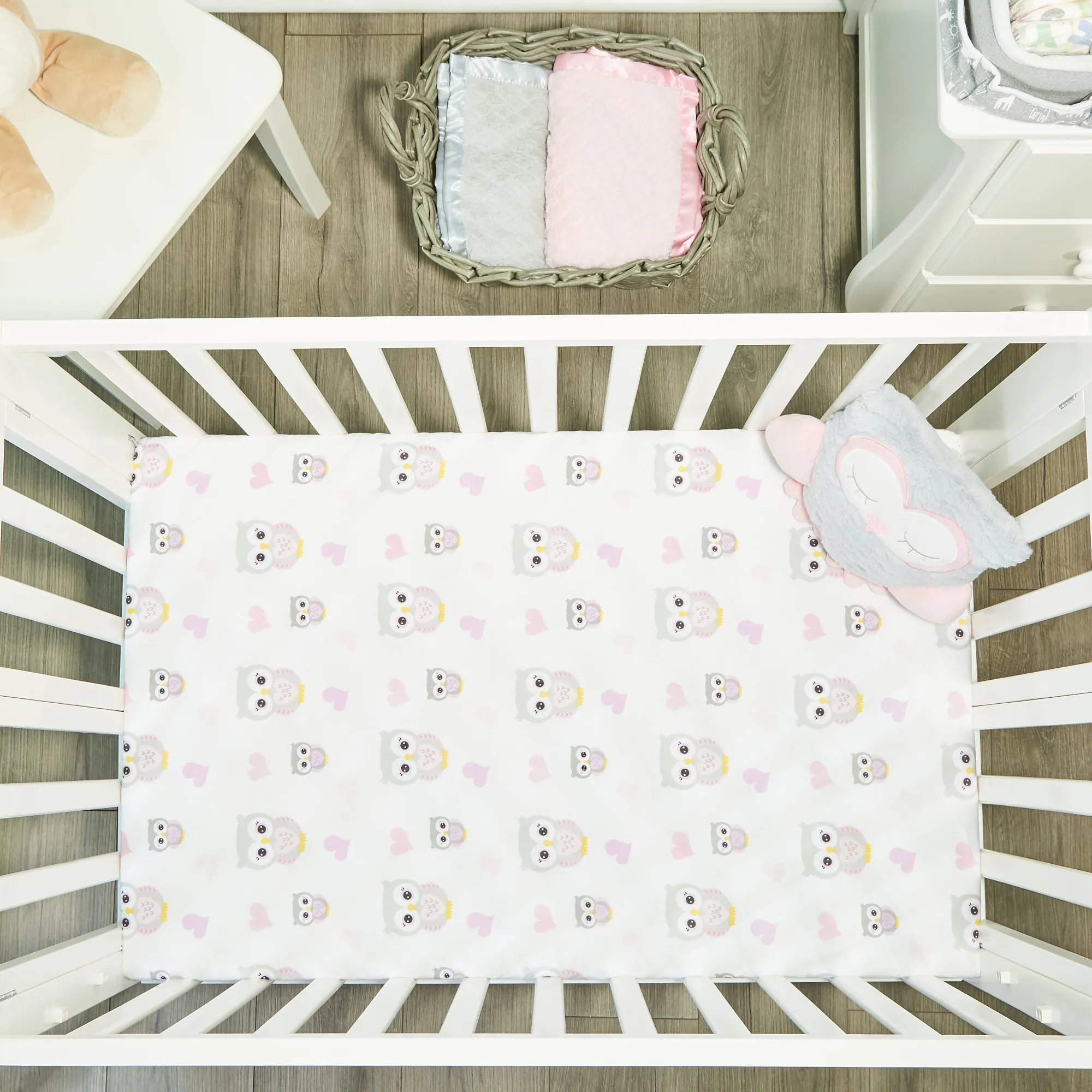 2 Portable Crib/Playard Mattress Sheets - Owls/Pink