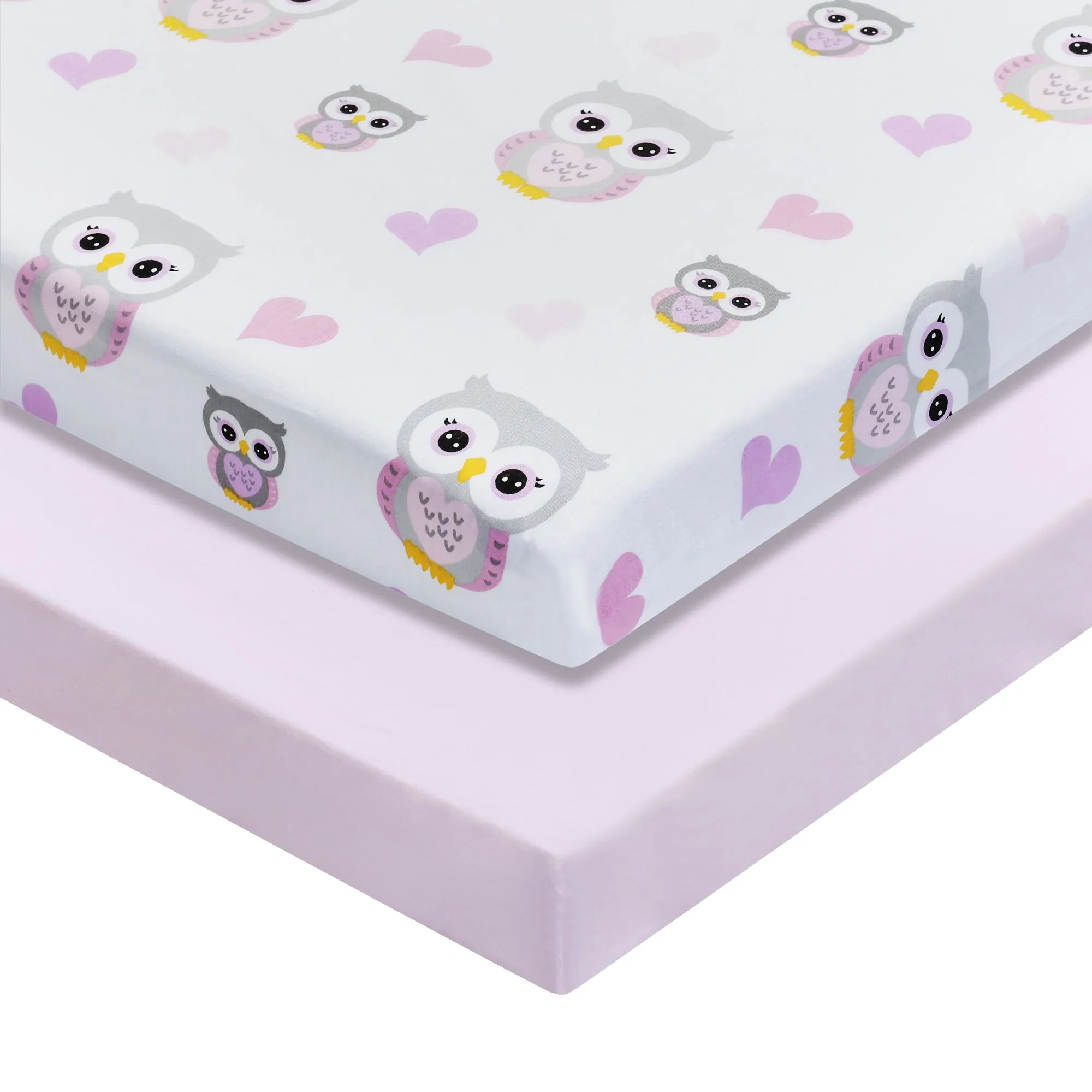 2 Portable Crib/Playard Mattress Sheets - Owls/Pink