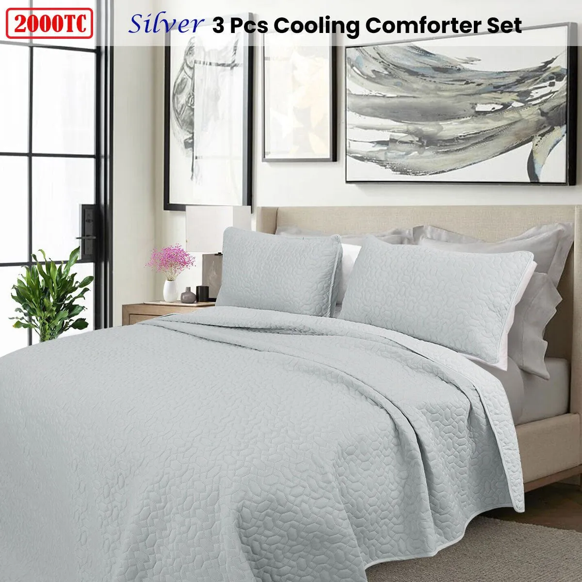 2000TC Silver Cooling Embroidered 3 Pcs Comforter Set King