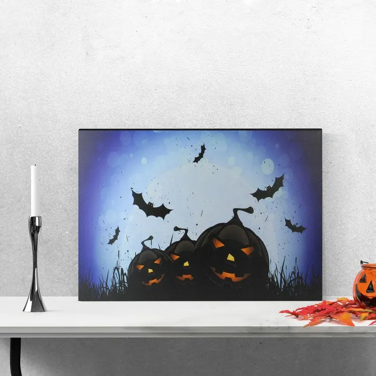 23.5" x 15.5" LED Lighted Jack-O'-Lanterns and Bats Halloween Canvas Wall Art