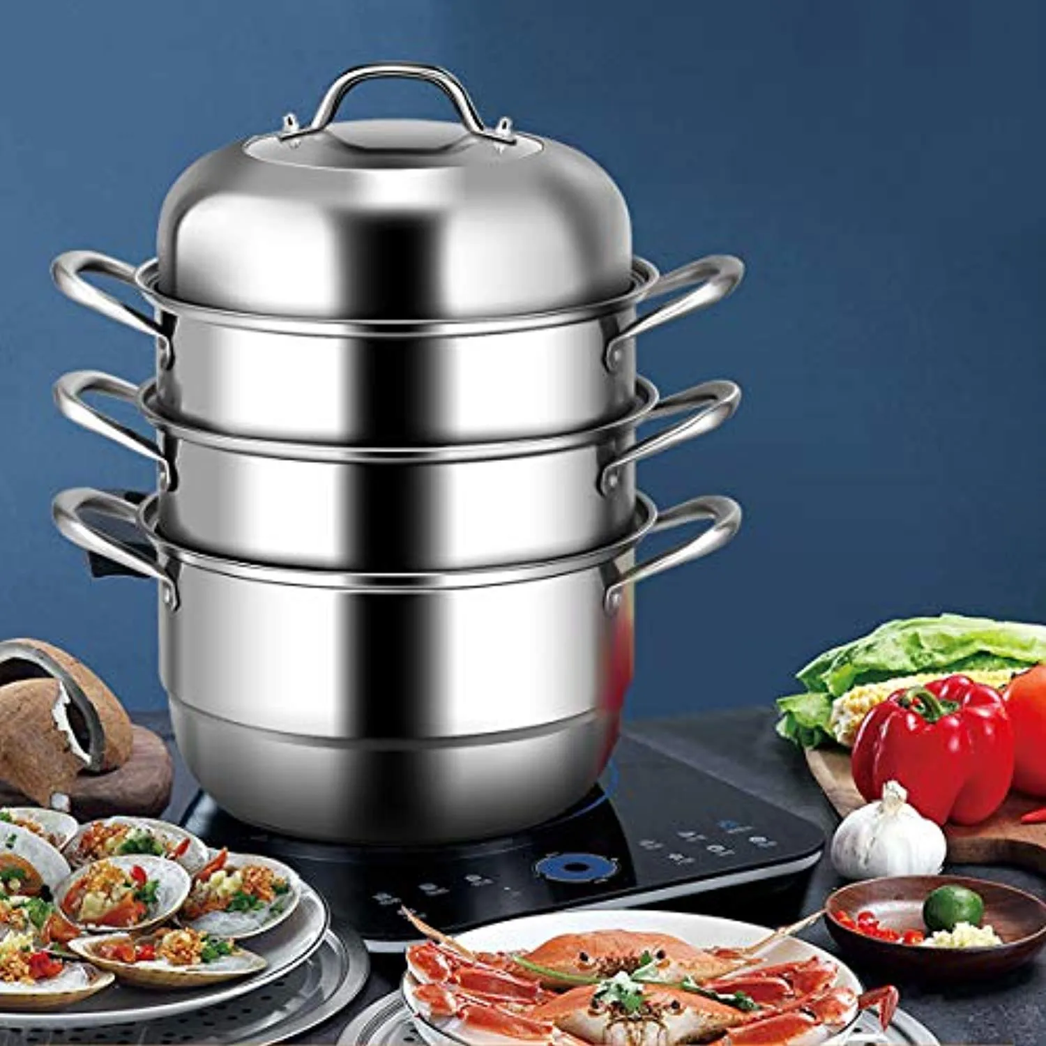 3-Tier Stainless Steel Steamer, 11'' Multi-Layer Boiler Pot with Handles on Both Sides