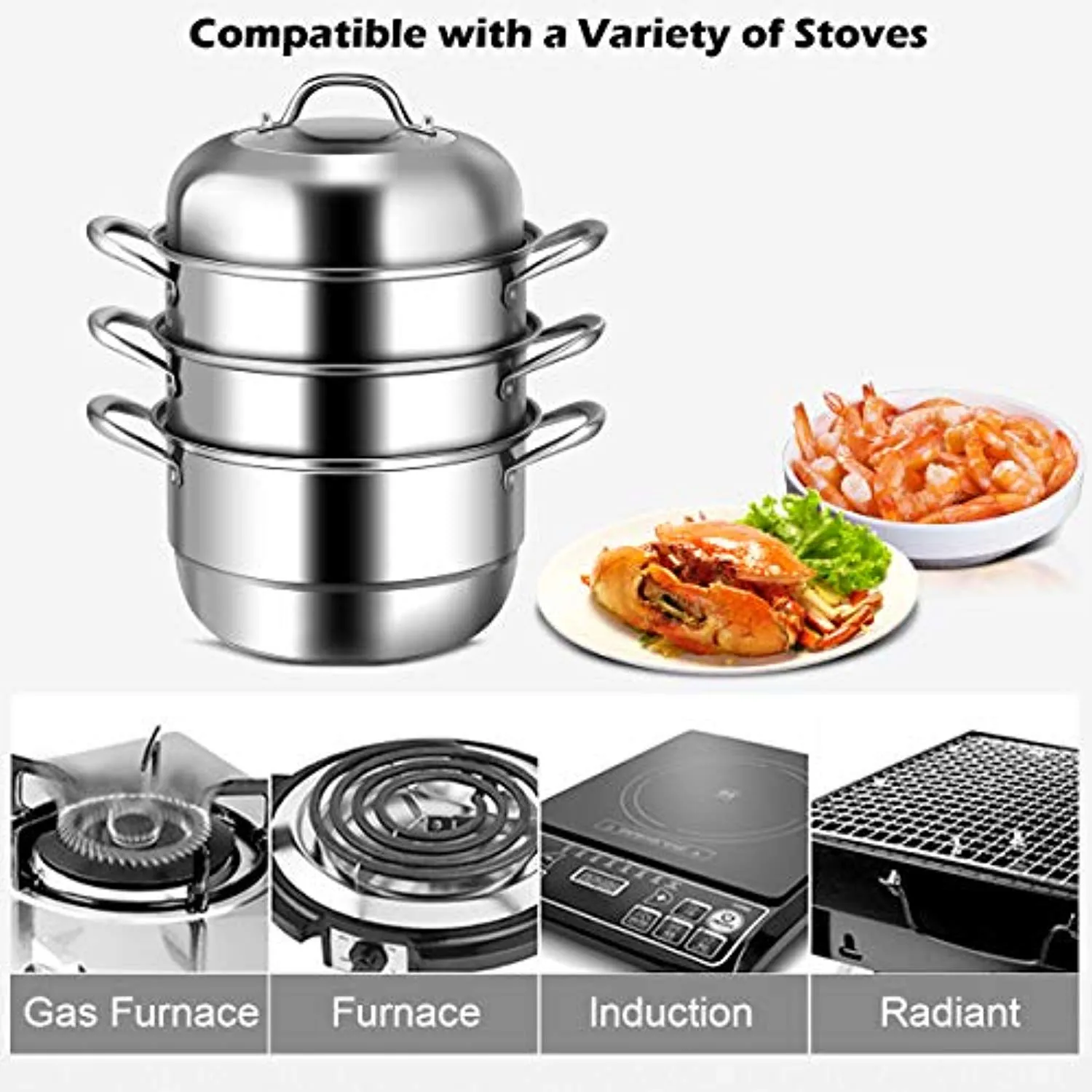 3-Tier Stainless Steel Steamer, 11'' Multi-Layer Boiler Pot with Handles on Both Sides