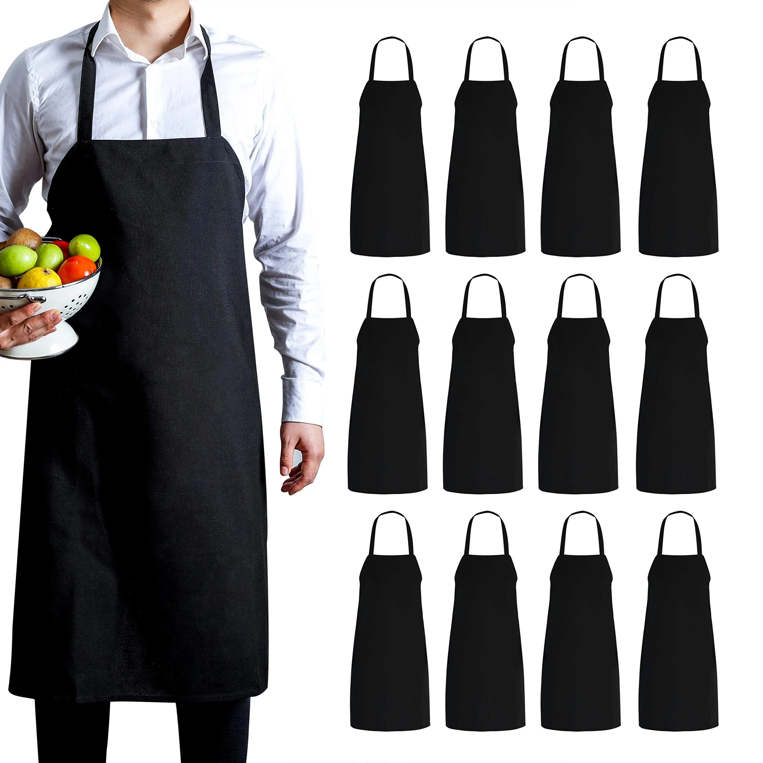 30"X34" Kitchen Bib Aprons 12 Pack(White 6pcs/Black 6pcs) Professional Aprons