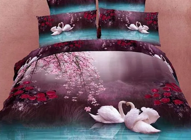 3D White Swans and Flower Printed Cotton Luxury 4-Piece Bedding Sets/Duvet Covers