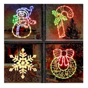 4 Pack Christmas Window Silhouette Lights Decorations, Lighted Wreath, Candy Cane, Snowflakes, and Snow Man Christmas Window Light Decorations for Holiday Indoor Outdoor Wall Door Glass Decorations