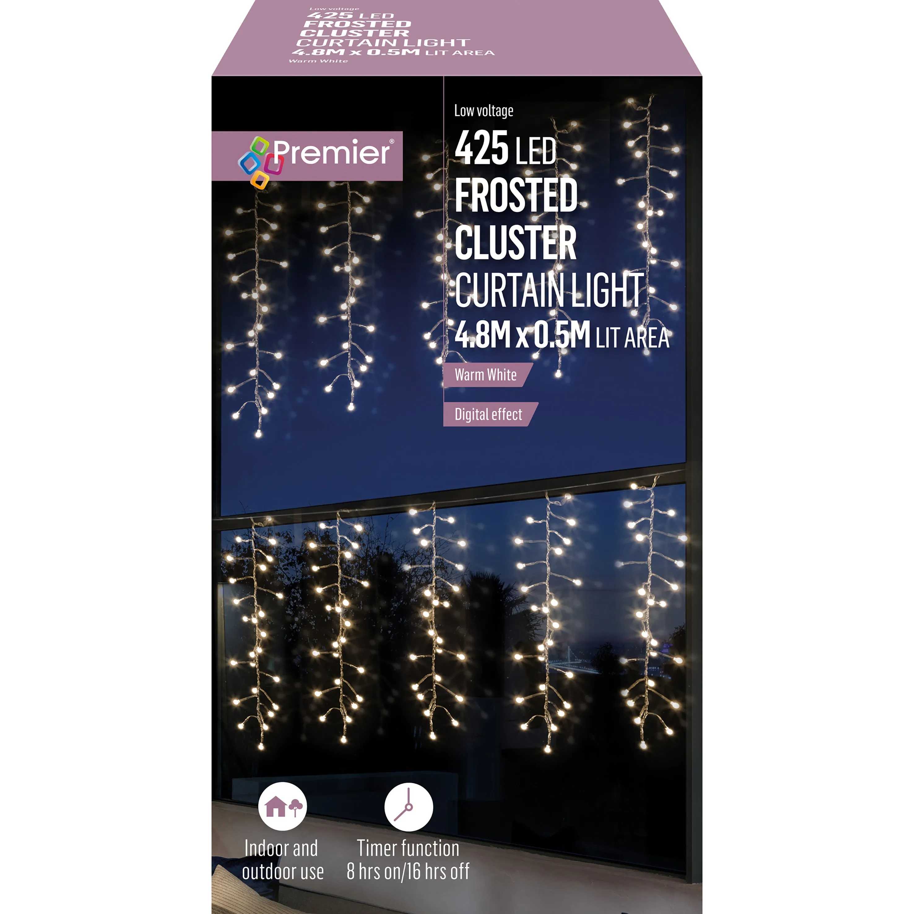 425L Multi Action Frosted Cluster LED Icicle Lights with Timer - Warm White