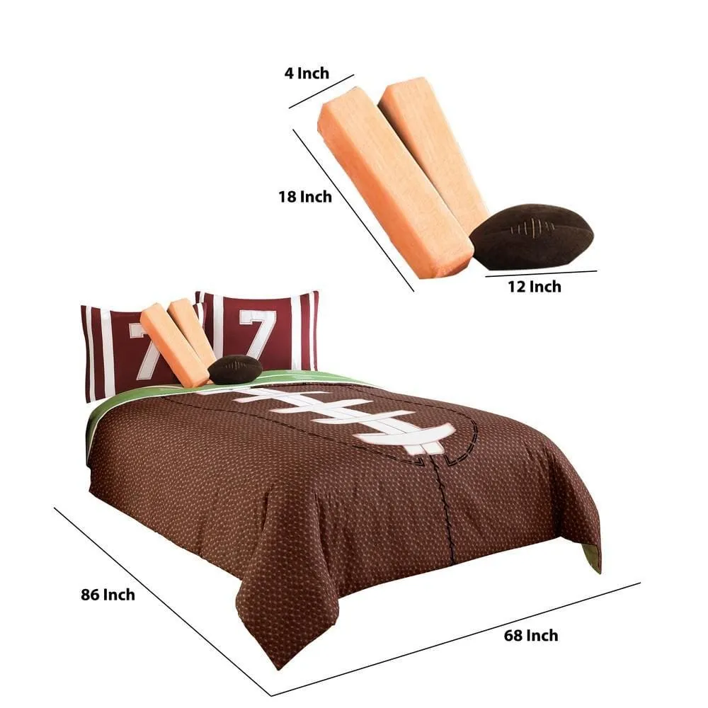 5 Piece Twin Comforter Set with Football Field Print, Brown and Green By Casagear Home