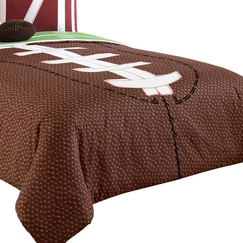 5 Piece Twin Comforter Set with Football Field Print, Brown and Green By Casagear Home