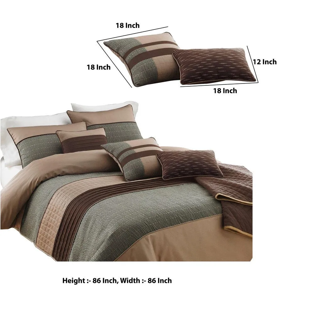 7 Piece Queen Comforter Set with Pleats and Texture, Gray and Brown By Casagear Home