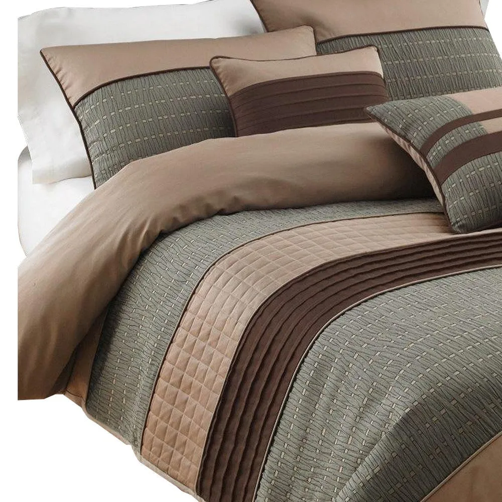 7 Piece Queen Comforter Set with Pleats and Texture, Gray and Brown By Casagear Home