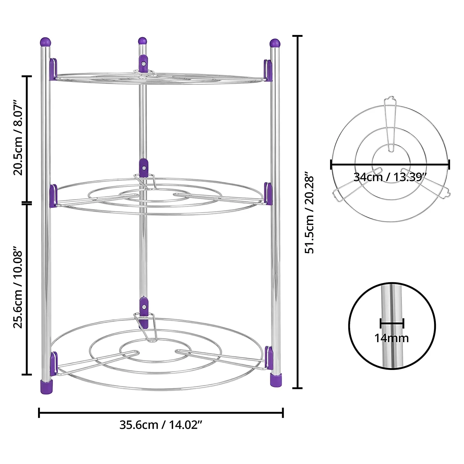 ABOUT SPACE Pan & Pot Organizer Rack Stand - 3 Tier Heavy Duty Electro Plated (L35 x H51 cm, Silver, Iron)