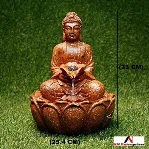 an Enterprise Buddha Fountain 2 Lotus Buddha Water Fountain for Home | Office | Tabletop Water Fountain with Led Lights for Home Decor and Office Decoration Or Gifting (Brown)