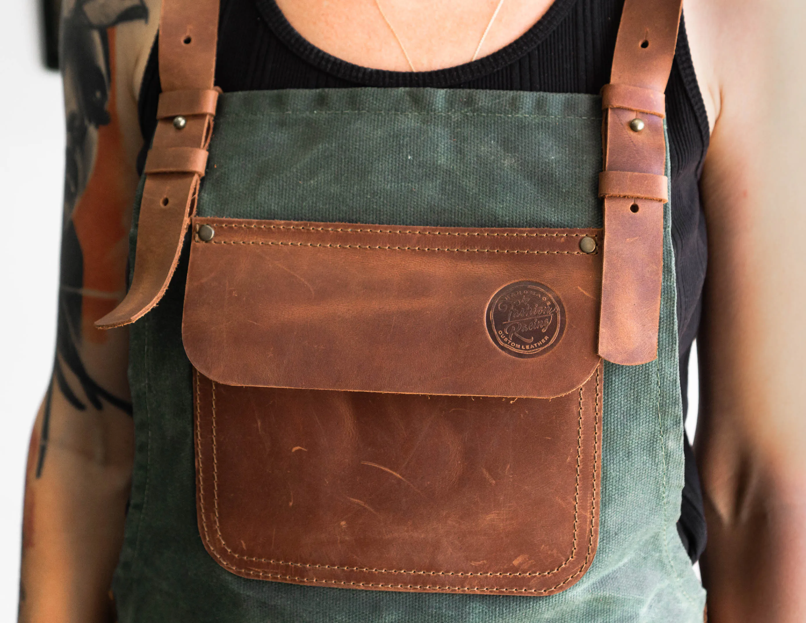 APRON - Waxed Olive Сanvas & Brown Leather | Handmade