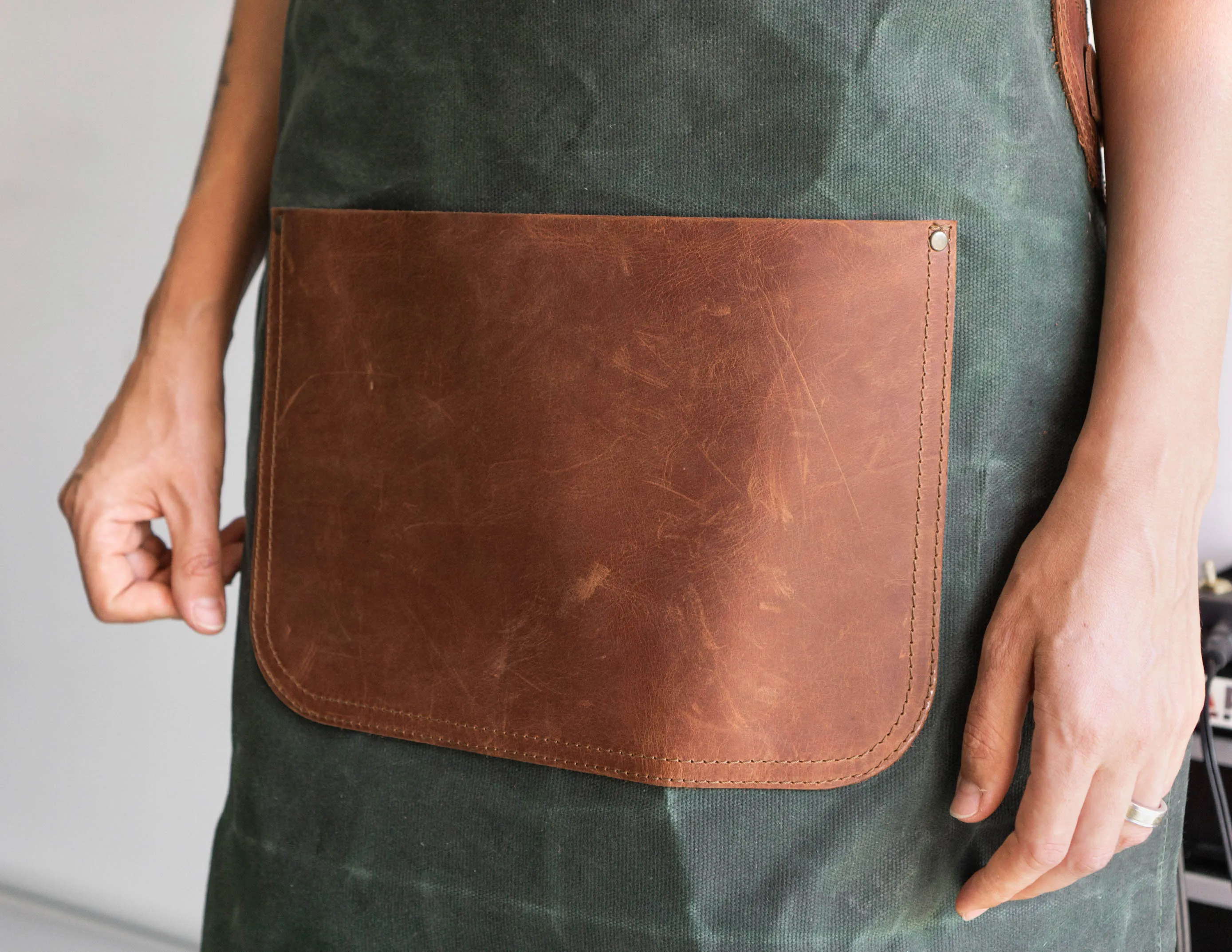 APRON - Waxed Olive Сanvas & Brown Leather | Handmade