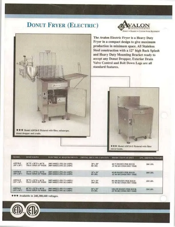 Avalon (ADF34-E) Donut Fryer 34" X 24" Electric (1 phase) Right Side Drain Board with Submerge Screen