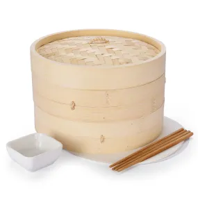 Bamboo Steamer Basket 10 Inch - Dumpling Steamer, Dim Sum & Bun Steamer