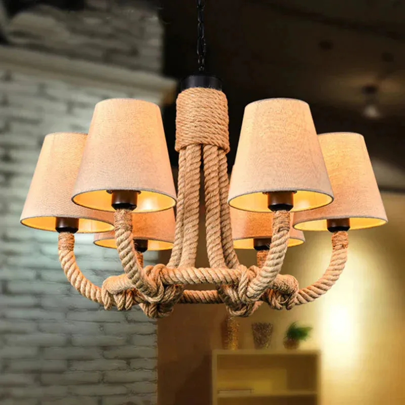 Beige 6 Lights Pendant Chandelier Classic Fabric and Rope Tapered Hanging Light for Dining Room