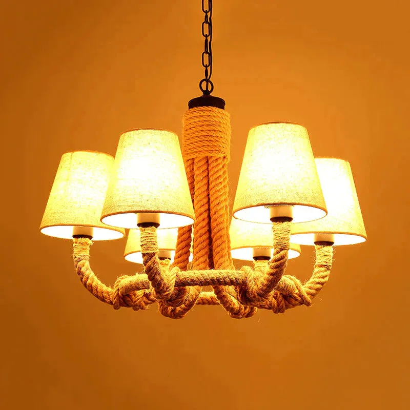 Beige 6 Lights Pendant Chandelier Classic Fabric and Rope Tapered Hanging Light for Dining Room