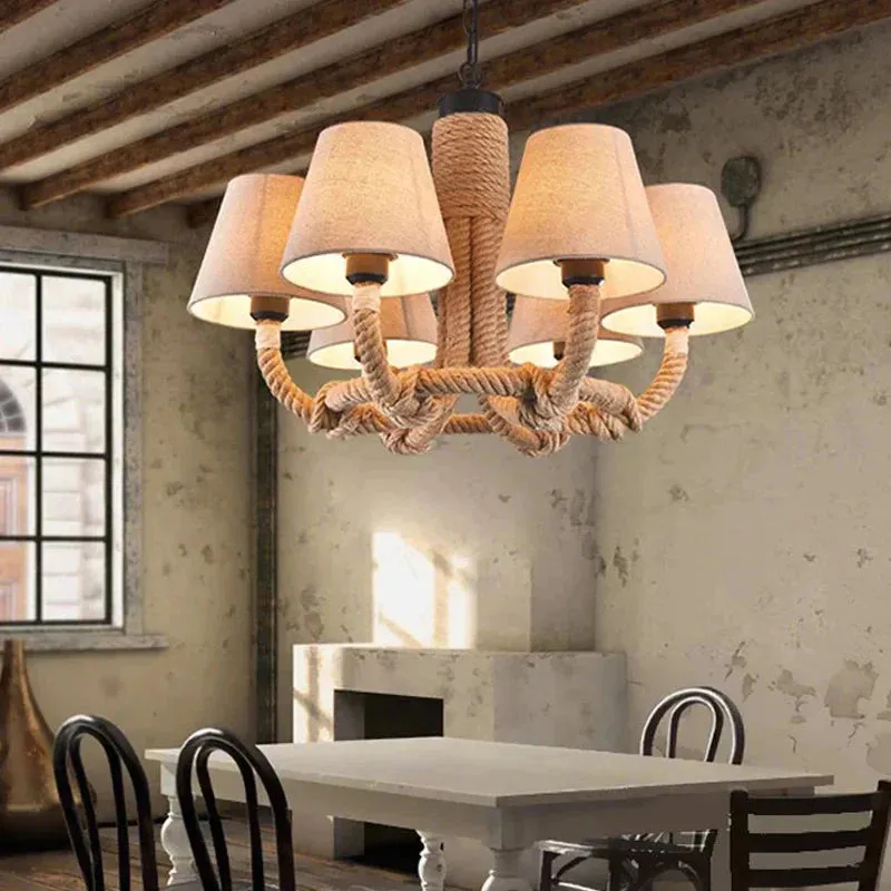 Beige 6 Lights Pendant Chandelier Classic Fabric and Rope Tapered Hanging Light for Dining Room