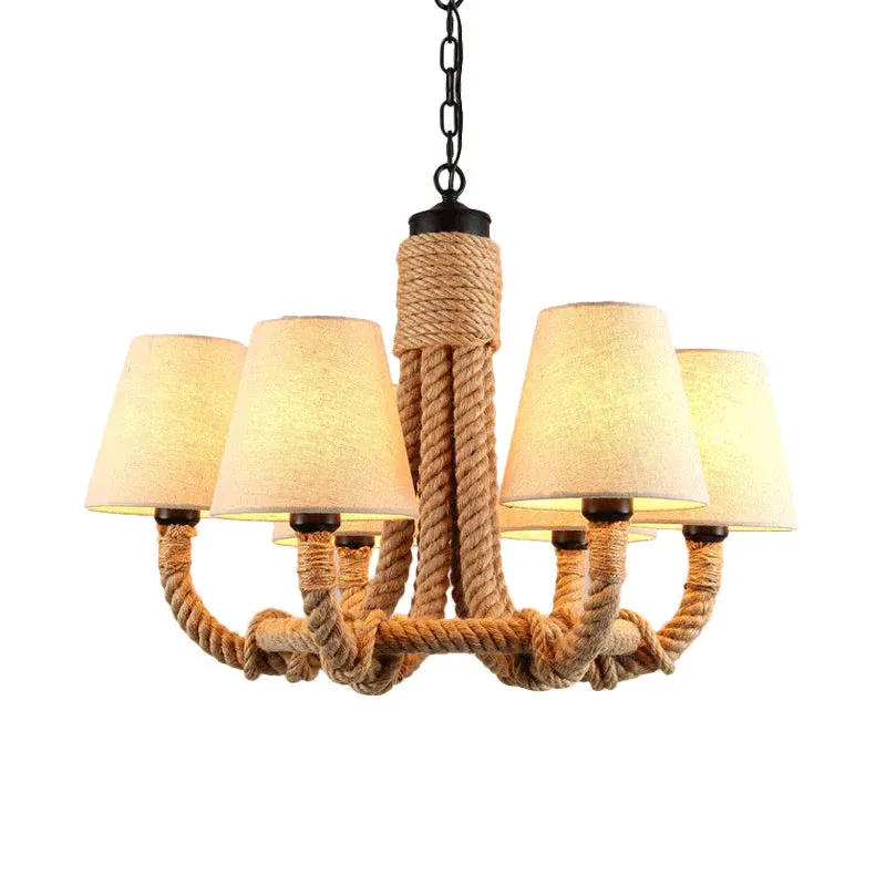 Beige 6 Lights Pendant Chandelier Classic Fabric and Rope Tapered Hanging Light for Dining Room