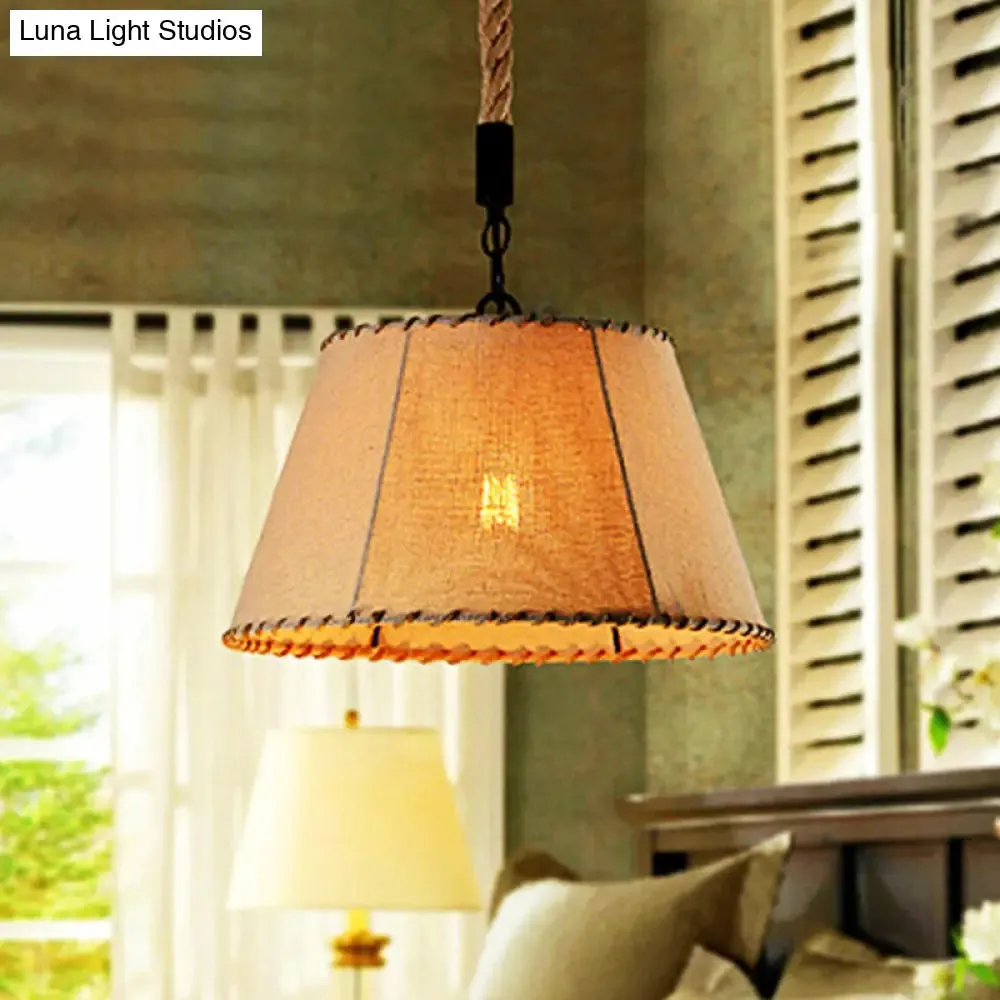 Beige Industrial Tapered Pendant Light with Rope and Fabric Shade