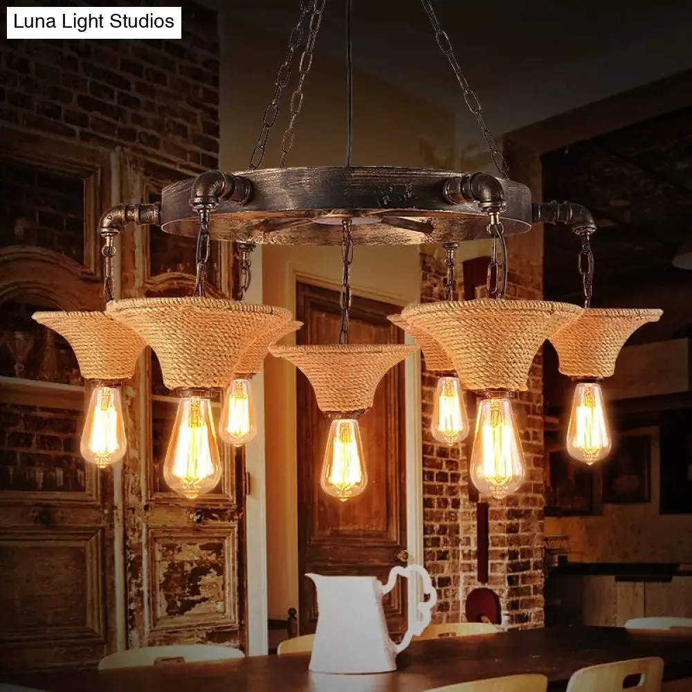 Beige Rope Chandelier with Flared Shade - Country Style Multi Light Hanging Lamp for Living Room