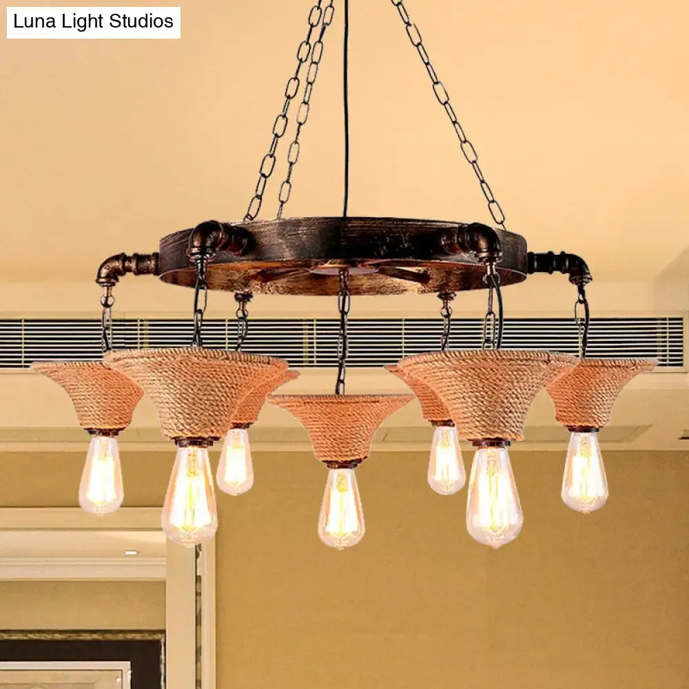 Beige Rope Chandelier with Flared Shade - Country Style Multi Light Hanging Lamp for Living Room