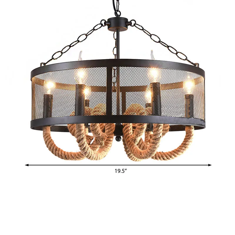 Black Pendant Lamp with 6-Light Industrial Chandelier and Wire Mesh