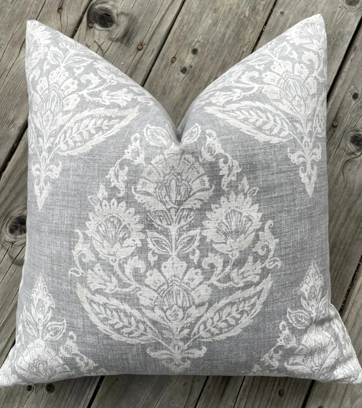 Block Print Damask Pillow Cover / Grey Beige Floral Cushion / Damask Pillow Cover / French Country Pillow Cover