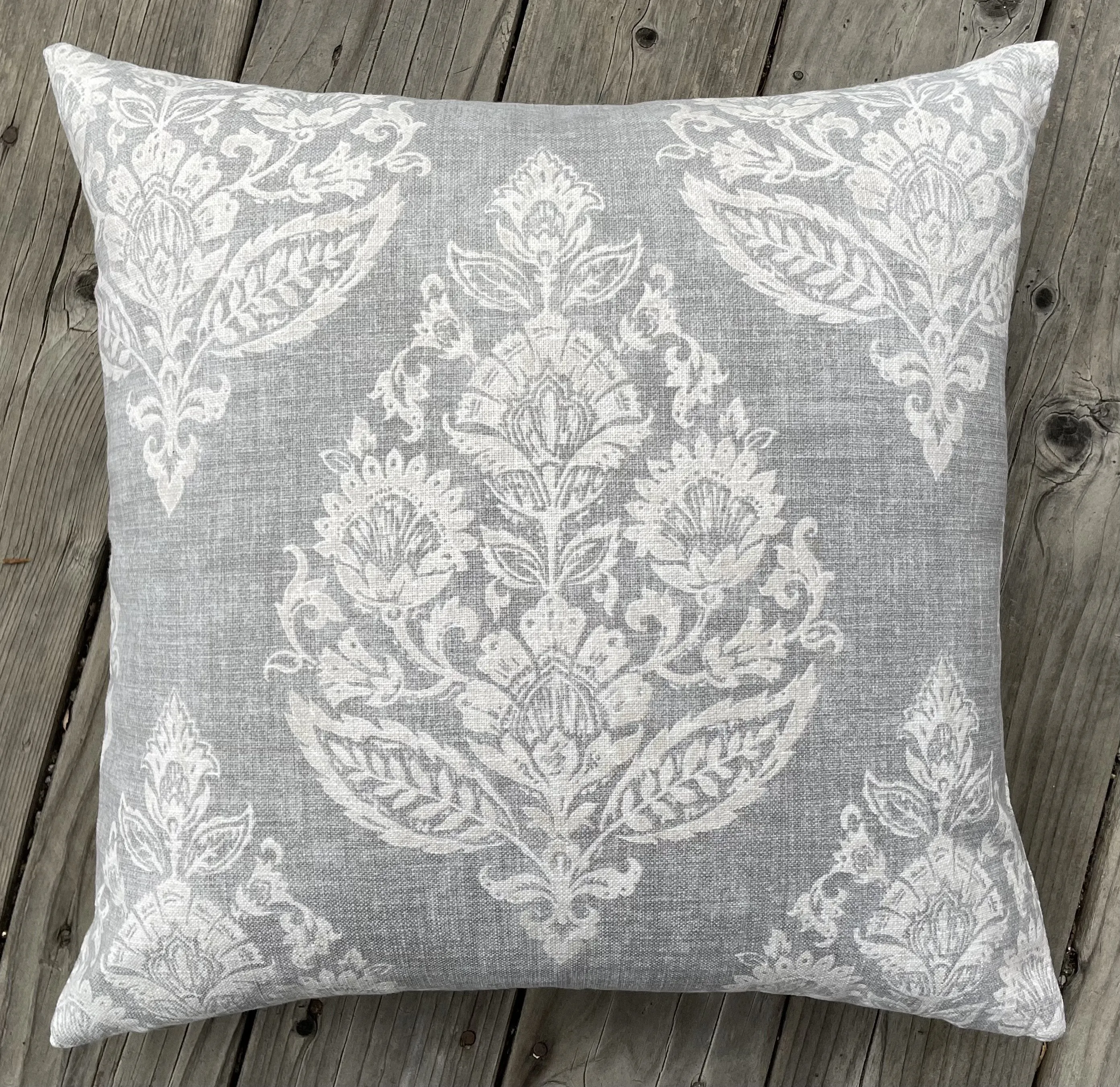 Block Print Damask Pillow Cover / Grey Beige Floral Cushion / Damask Pillow Cover / French Country Pillow Cover