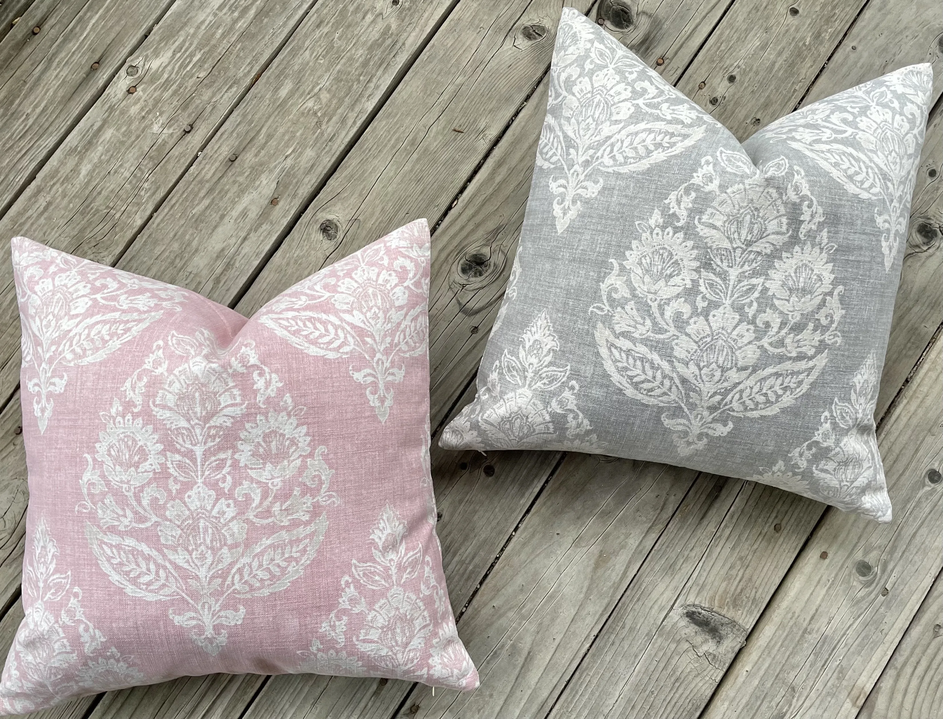 Block Print Damask Pillow Cover / Grey Beige Floral Cushion / Damask Pillow Cover / French Country Pillow Cover