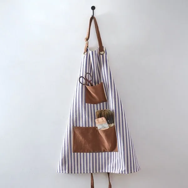 Blue Striped Canvas & Leather Utility Apron