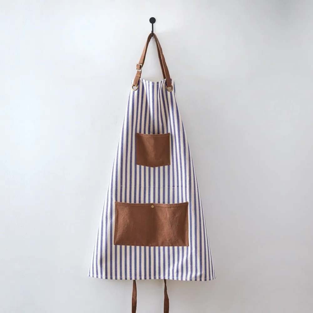 Blue Striped Canvas & Leather Utility Apron