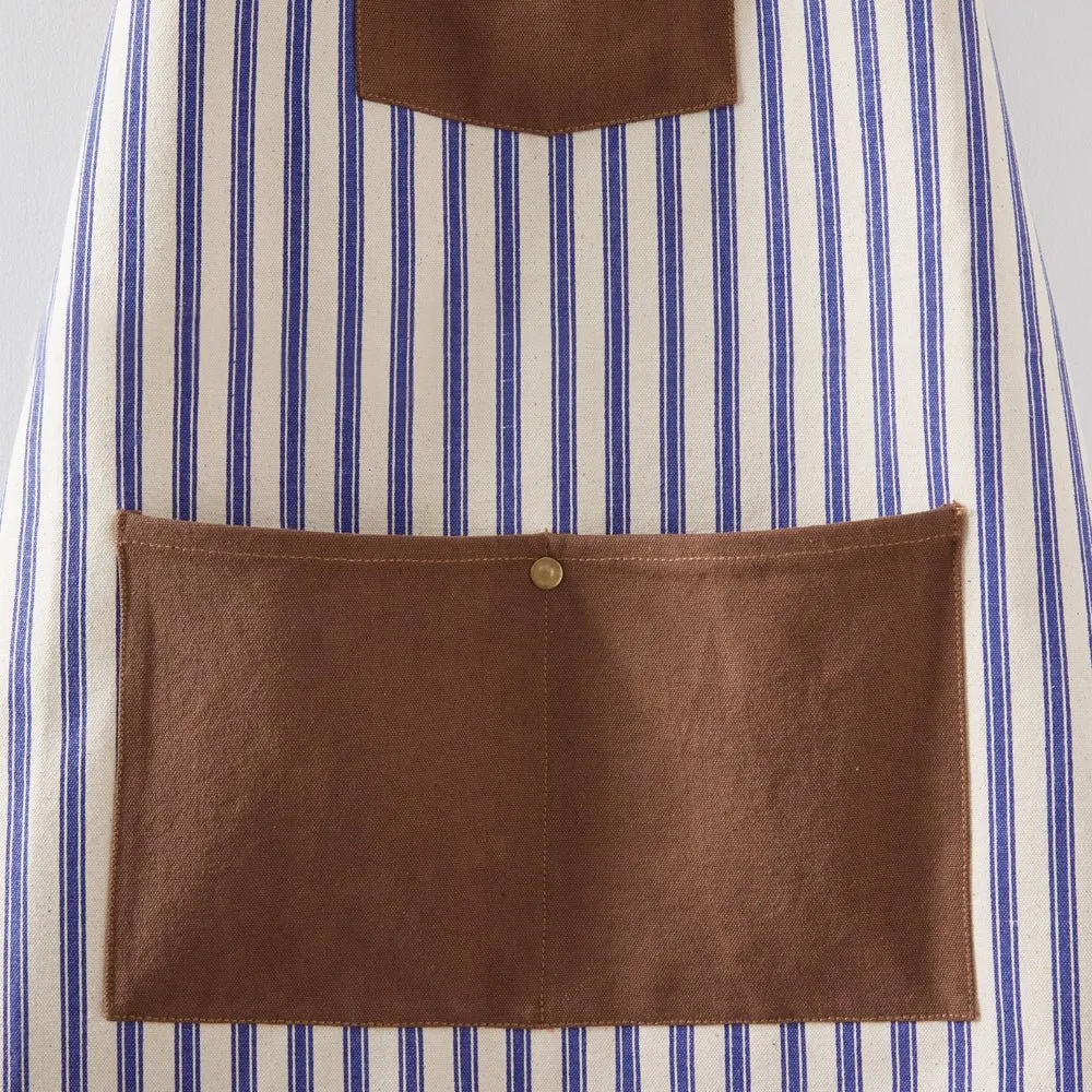 Blue Striped Canvas & Leather Utility Apron