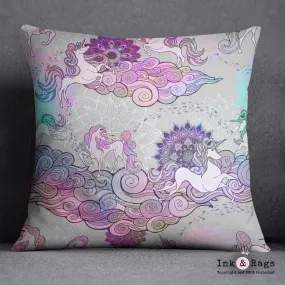 Bohemian Unicorn Dreams Mandala and Flower Throw Pillow