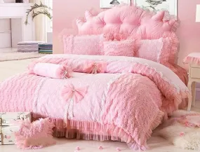 Bowknot and Flower Pattern Pink Cotton and Lace Luxury 4-Piece Duvet Covers/Bedding Sets