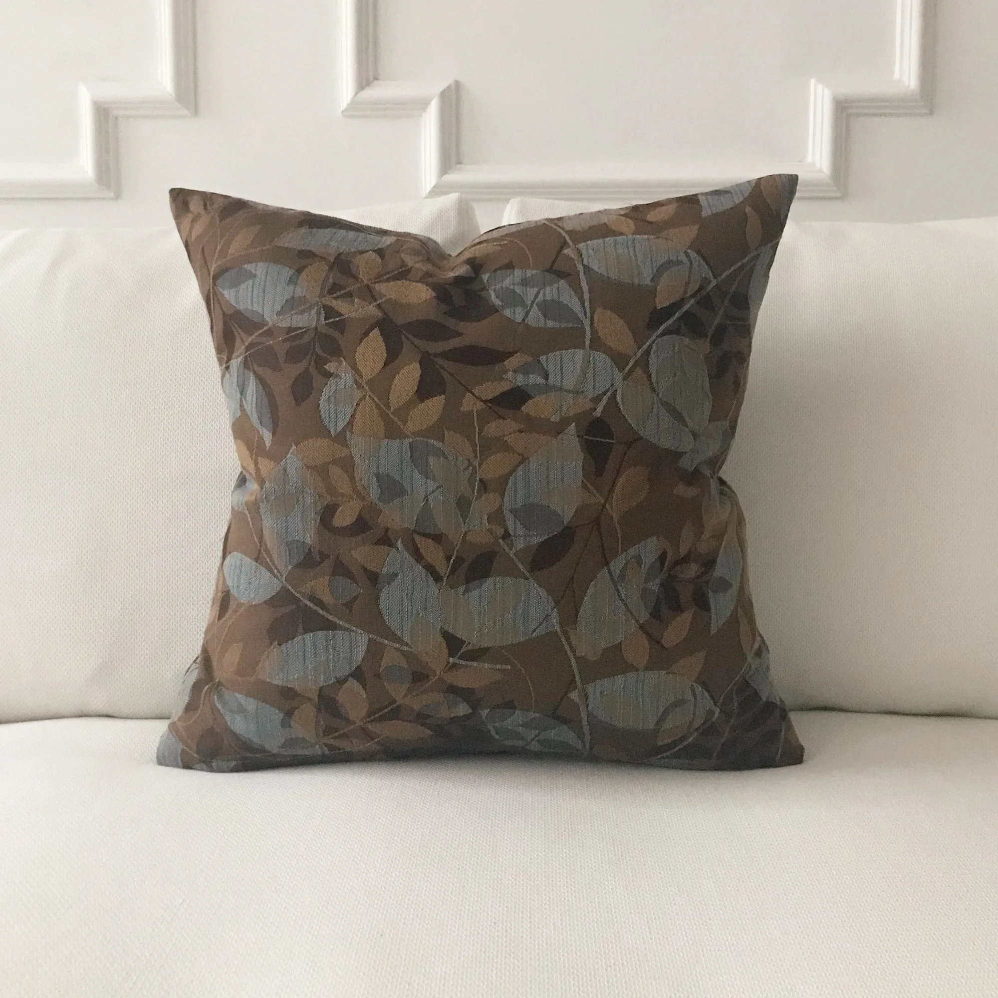 Brown and Blue Botanical Throw Pillow Cover 22x22