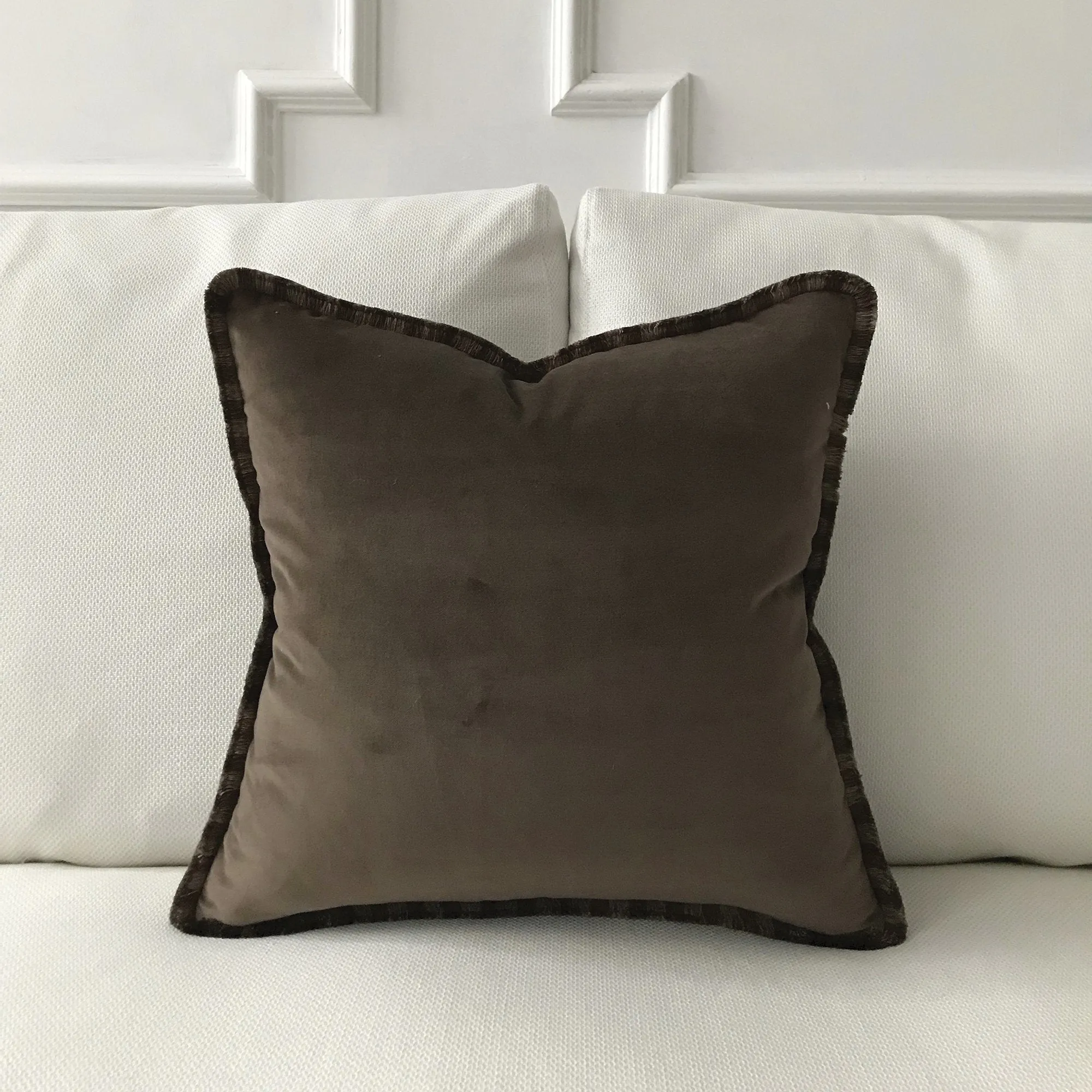 Brown Mocha Lux Velvet Brush Fringe Throw Pillow Cover 18x18