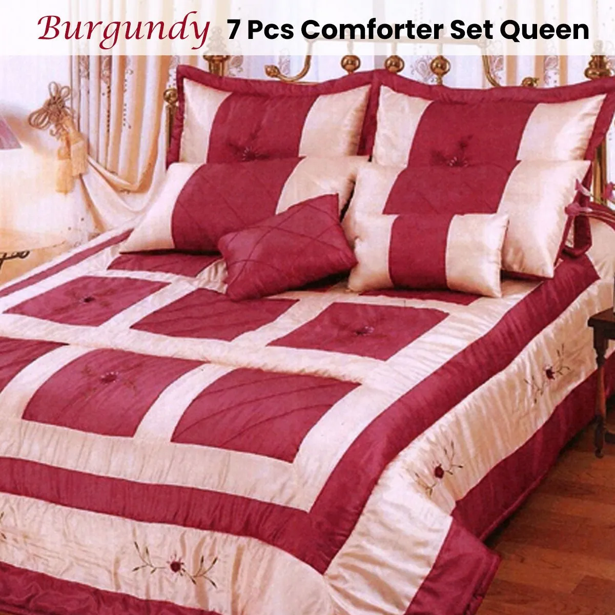 Burgundy 7 Pcs Comforter Set Queen