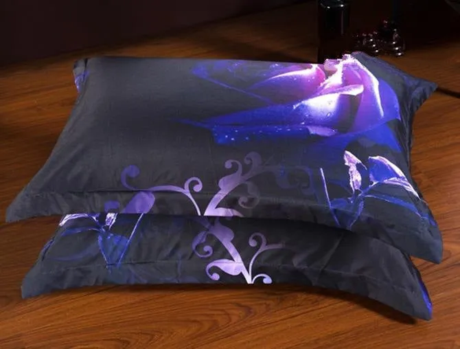 Charming Purple Rose with Dew Print Luxury 6-Piece Polyester Duvet Cover Sets