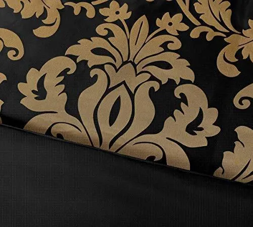 Chezmoi Collection 7-Piece Jacquard Floral Comforter Set Bed-in-a-Bag Set, Queen, Black Gold