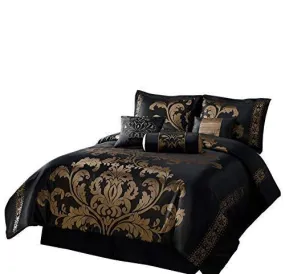 Chezmoi Collection 7-Piece Jacquard Floral Comforter Set Bed-in-a-Bag Set, Queen, Black Gold