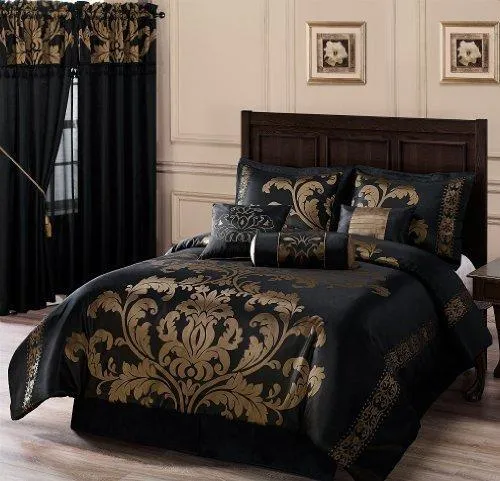 Chezmoi Collection 7-Piece Jacquard Floral Comforter Set Bed-in-a-Bag Set, Queen, Black Gold