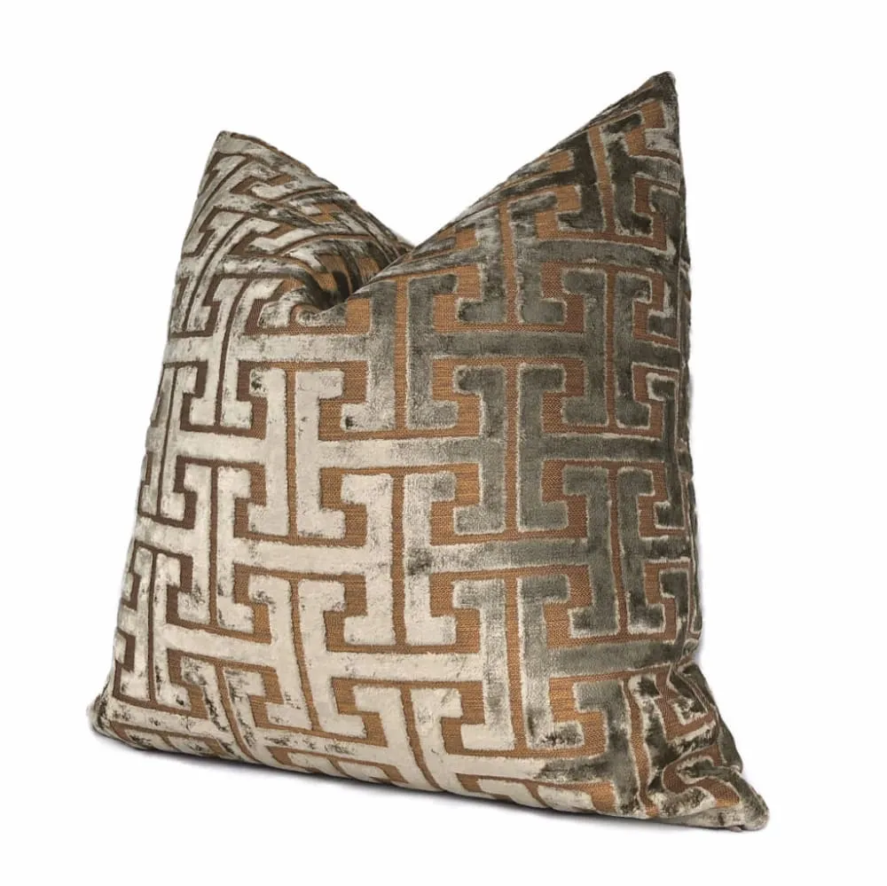 (CLEARANCE) Centurion Greek Key Fretwork Taupe Bronze Cut Velvet Pillow Cover