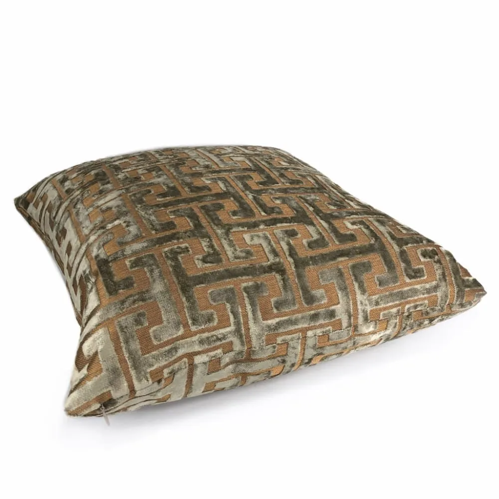 (CLEARANCE) Centurion Greek Key Fretwork Taupe Bronze Cut Velvet Pillow Cover