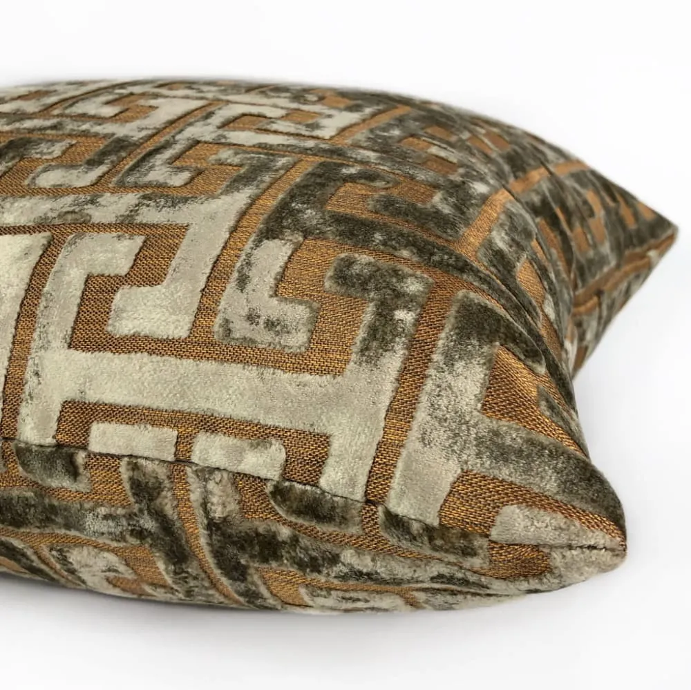 (CLEARANCE) Centurion Greek Key Fretwork Taupe Bronze Cut Velvet Pillow Cover